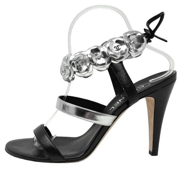 Chanel Black Silver Camellia High Heel Sandals – Size 40 - Picture 1 of 13